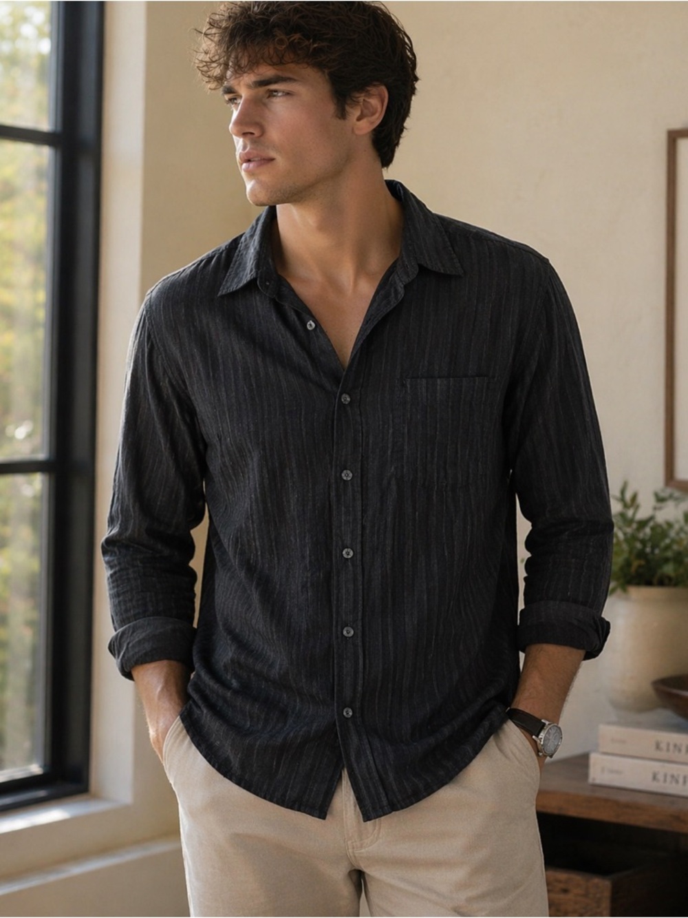 Cactus Modern Basics Black Striped Button Down Shirt 100% Cotton | Men’s L
